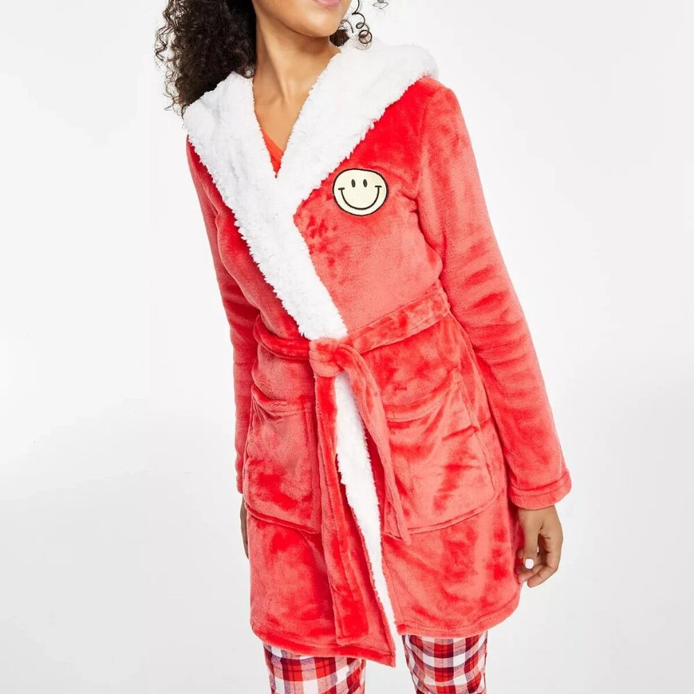 Jenni Women's Faux-Sherpa Lined Hooded Short Robe, Papaya Punch
